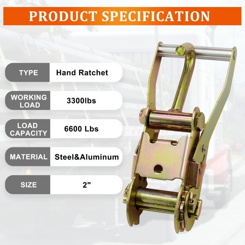 BOKE YOUNG 2-inch Ratchet Tie Down Buckle with J-Hook Tie Down Used for Car Trailer Flatbed Truck Fastening Cargo (2 Pack) - Image 3